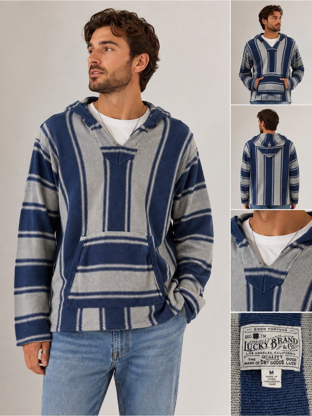 Lucky Brand Baja Surf Hoodie Blue Gray Striped Cotton Pullover Mens M